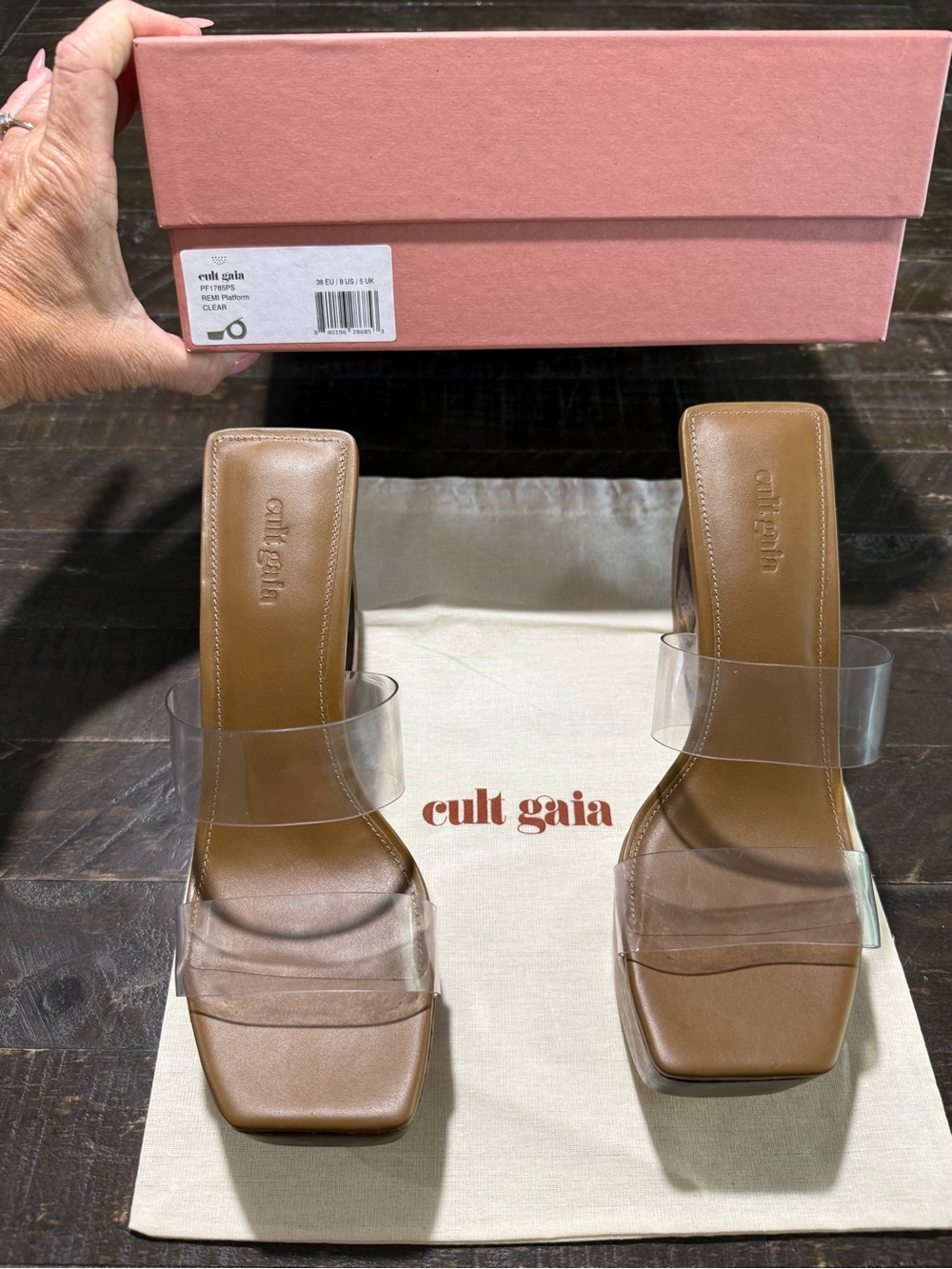 NIB Cult Gaia Remi Clear Wood Circle Platform Sandals Sz 38 EU Summer Resort - Picture 16 of 16
